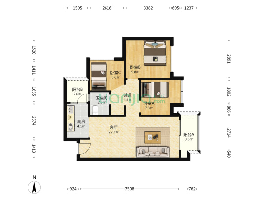 环天时代中心 3室1厅1卫 70平方
