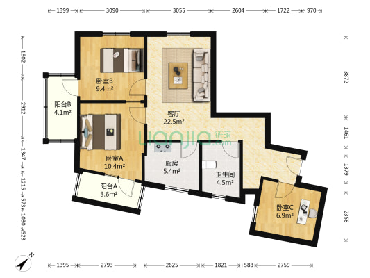 广信美景大厦 3室1厅1卫 104平方