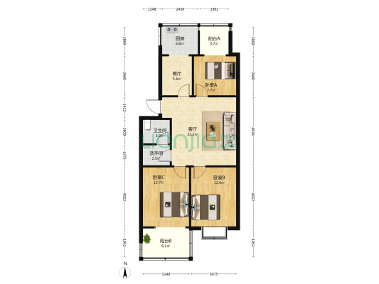 保险公寓 3室2厅2卫 72平方