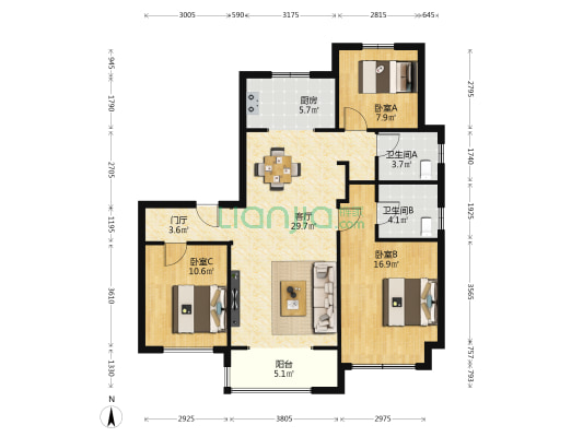 绿地IFC中央公馆B1-2区 3室1厅2卫 127平方