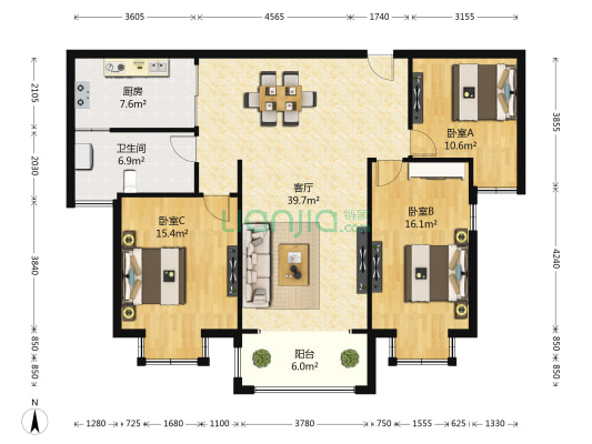 华强城 3室1厅1卫 121平方