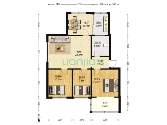 文化小区一号院 3室2厅1卫 96平方