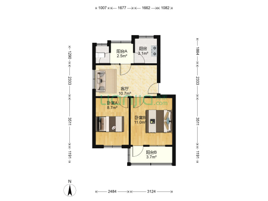桂林电厂宿舍 2室1厅1卫 54平方