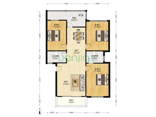 交警宿舍 3室2厅2卫 113平方