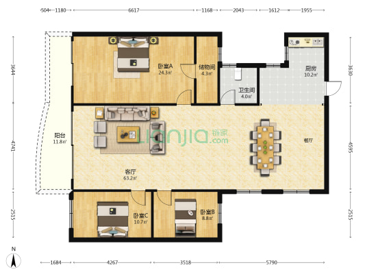 珠都国际广场 3室1厅1卫 173平方