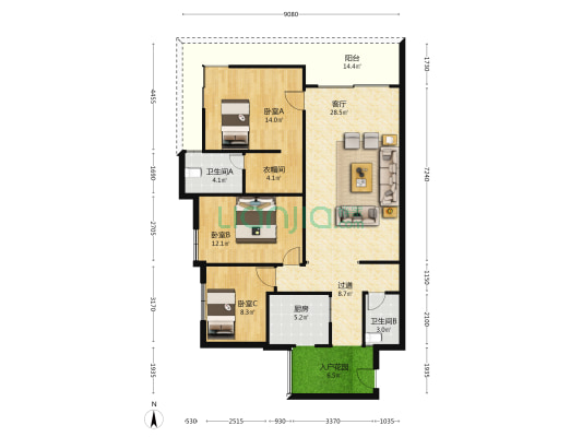 渝能华城 3室1厅2卫 128平方
