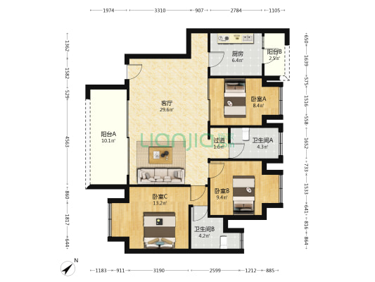 永缘锦庭 3室1厅2卫 105平方