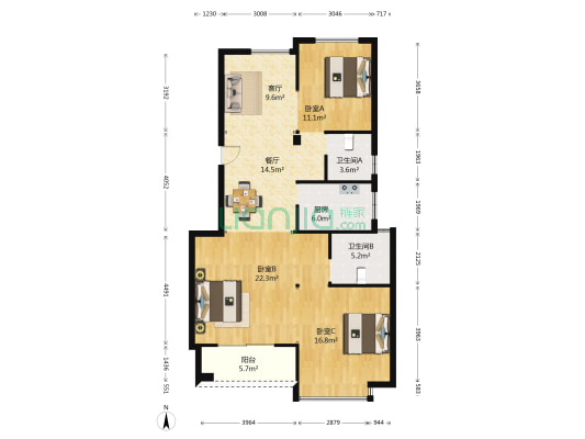 香缇公馆 3室2厅2卫 105平方
