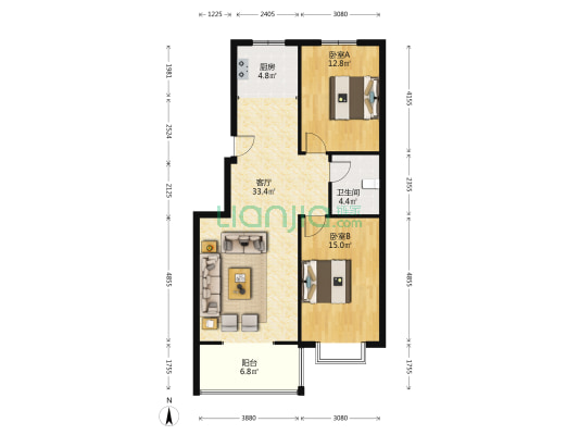 南北大两居精装， 小区安静又安全、电梯洋房-户型图