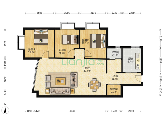 攀研院生活区 3室1厅1卫 117平方