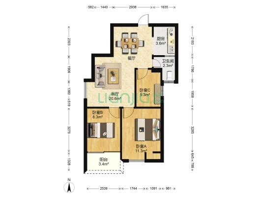 福晟钱隆公馆 3室1厅1卫 74平方