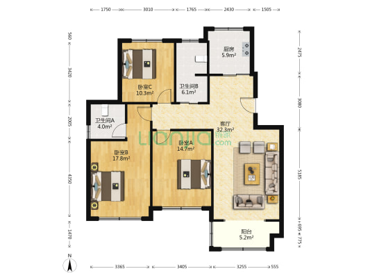 凤瑞园 3室1厅2卫 122平方