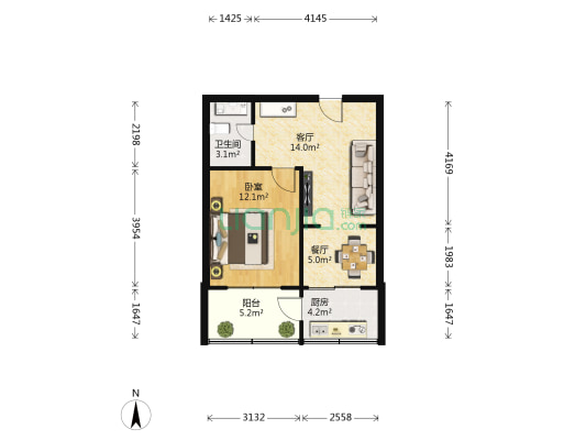宏良小区 1室2厅1卫 55平方