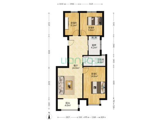 【天地新城】南北通透户型一梯两户 中间楼层，采光好-户型图