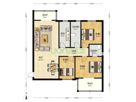 丰泰小区北区 3室1厅2卫 128平方