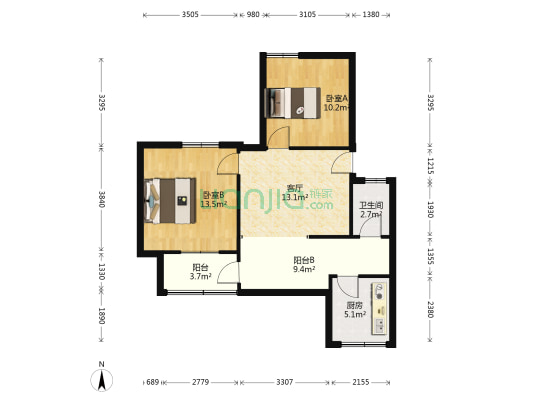 中区教育局宿舍 2室1厅1卫 66平方