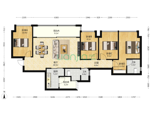 中绿江州 4室1厅2卫 116平方