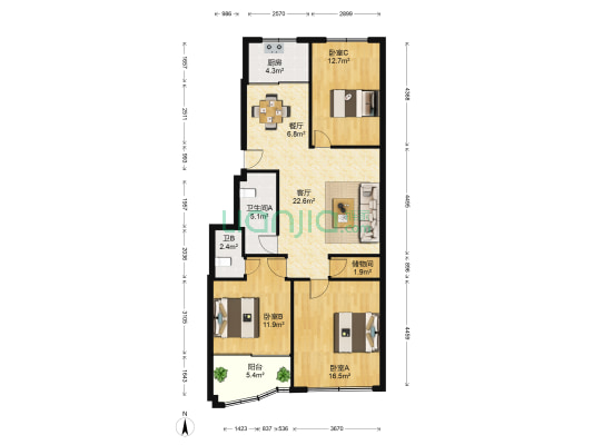 龙船汇小区 3室2厅2卫 120平方