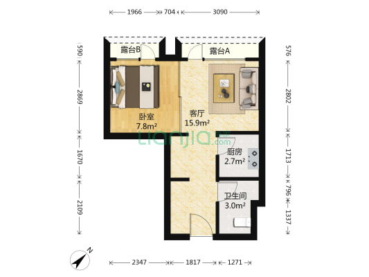 柏悦国际公寓 1室1厅1卫 50平方
