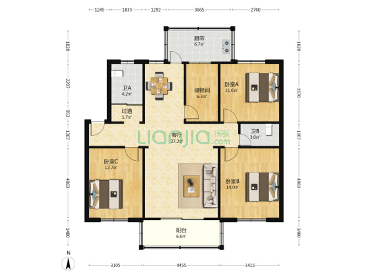 安农大第一宿舍区 3室1厅2卫 115平方