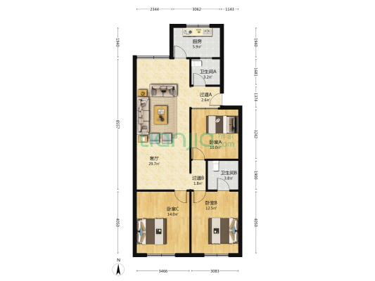 喜相逢小区 3室1厅2卫 102平方