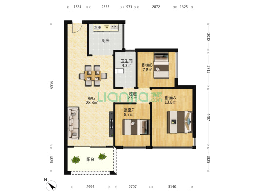 香树和园 3室1厅1卫 93平方