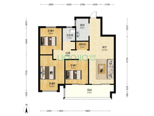 世茂时代云著 3室1厅1卫 102平方