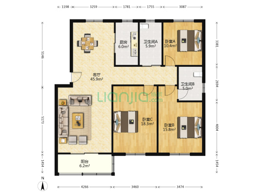 星海苑 3室1厅2卫 132平方