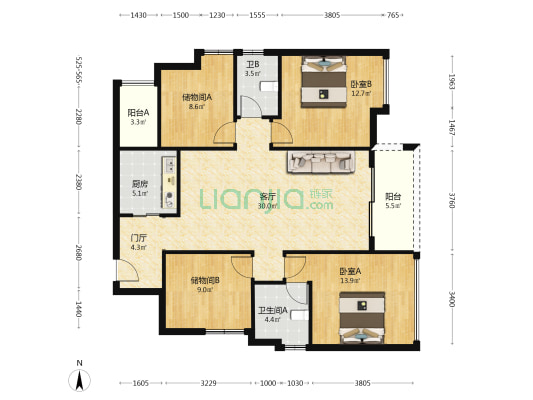 优品道锦樾 2室1厅2卫 129平方