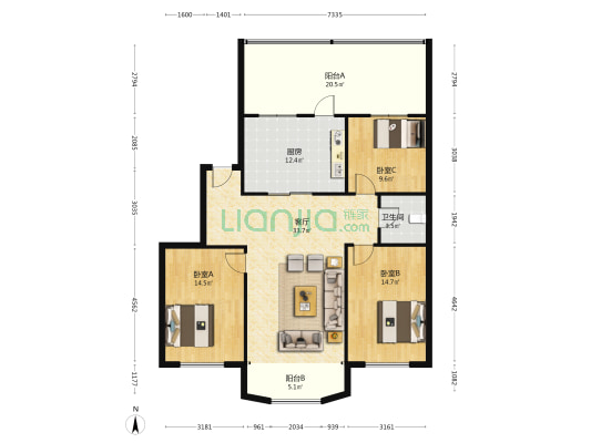 奥翔家园 3室1厅1卫 114平方