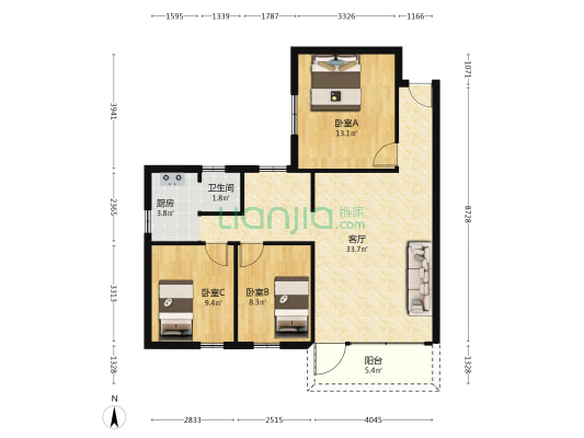 榕苑花园 3室1厅1卫 80平方