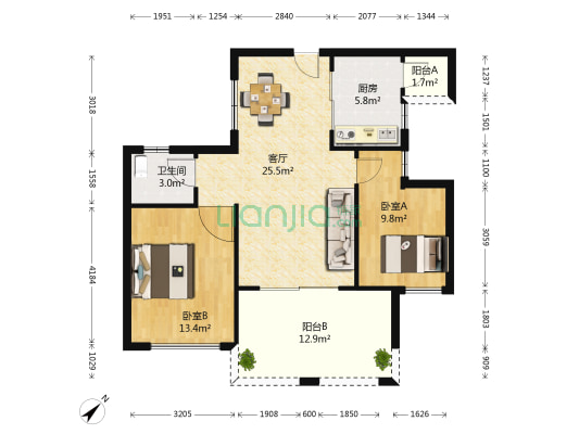 银信花园 2室1厅1卫 89平方