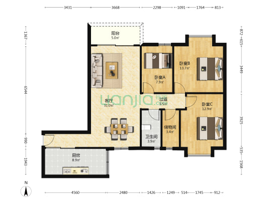 华建大厦 3室1厅1卫 112平方