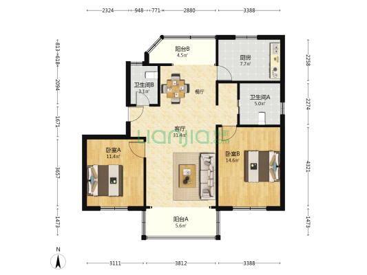 杨东小区 2室1厅2卫 108平方