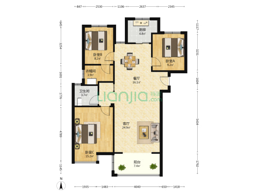 万达风华苑 3室2厅1卫 114平方