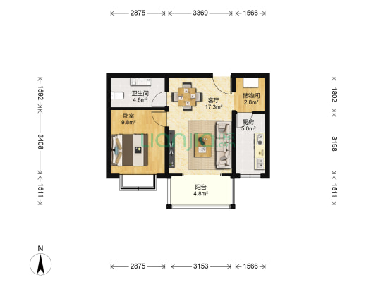 新潮嘉园二期 1室1厅1卫 57平方