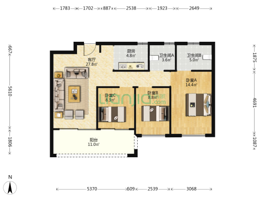 置地百悦府D区 3室1厅2卫 109平方