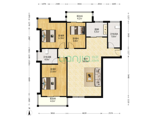 时代华庭 3室1厅2卫 128平方