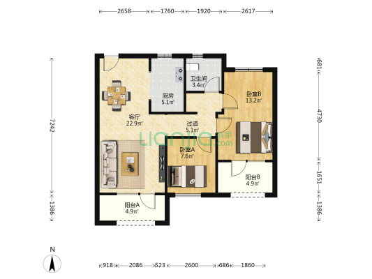 首开国风尚城 2室1厅1卫 93平方