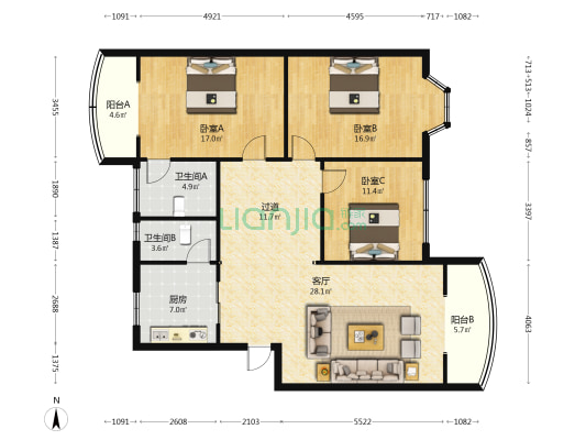 辰居路193号 3室1厅2卫 130平方