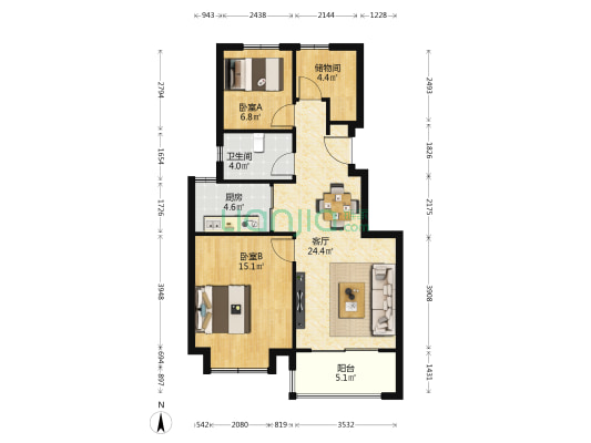 山语隽府 2室1厅1卫 80平方