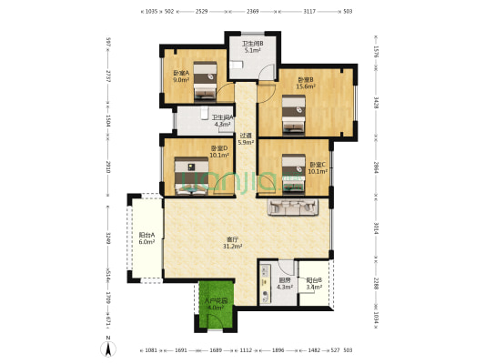 深业城三期 4室1厅2卫 112平方
