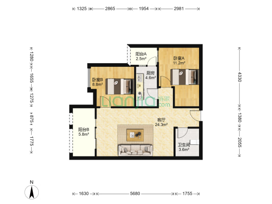粮食局家属院 2室1厅1卫 76平方