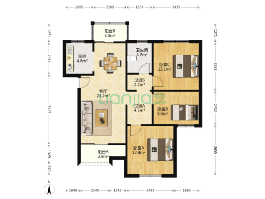 瀛海花墅 3室1厅1卫 101平方
