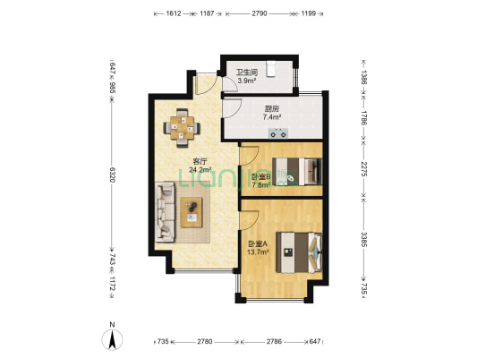 玫瑰园 2室1厅1卫 75平方