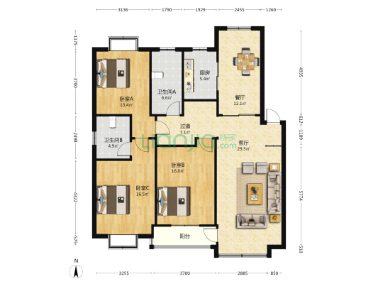 明日嘉园 3室2厅2卫 136平方