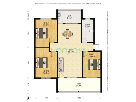 老干部休养所家属院 3室1厅1卫 129平方