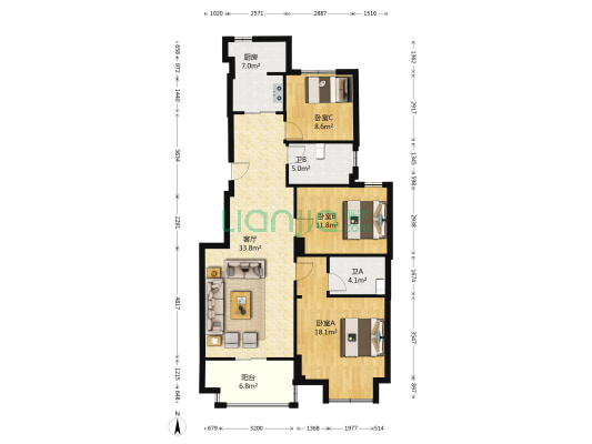 宝莱雅苑 3室1厅2卫 112平方