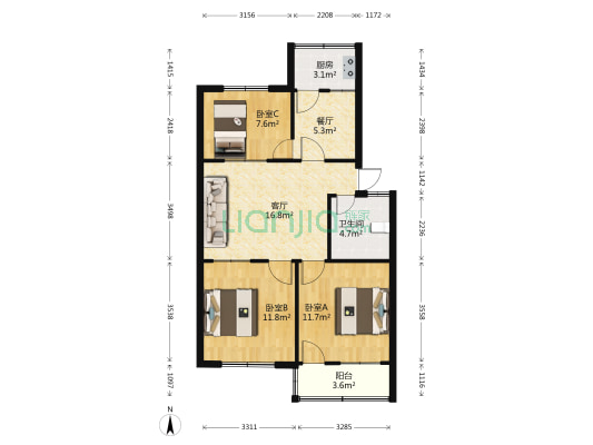 棉麻公司家属院 3室2厅1卫 78平方