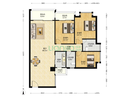 富城华府 3室1厅2卫 106平方